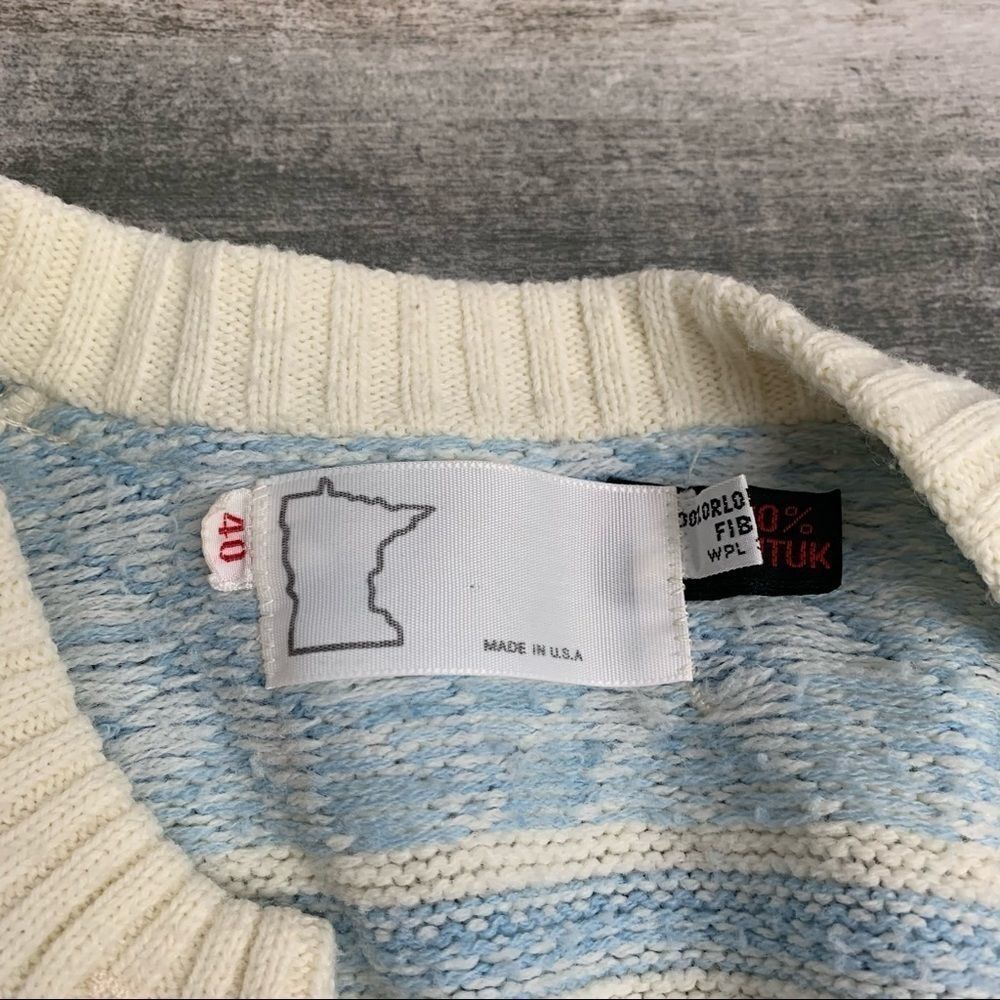 Vintage Wintuk Coastal Cable Knit Cardigan Cream Blue USA Made M - Picture 4 of 9